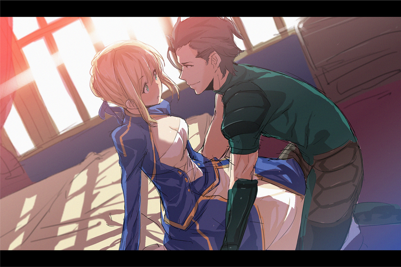 artoria_pendragon_(all), blonde_hair, breasts, cleavage, diarmuid_ua_duibhne_(fate), dress, fate_(series), fate/stay_night