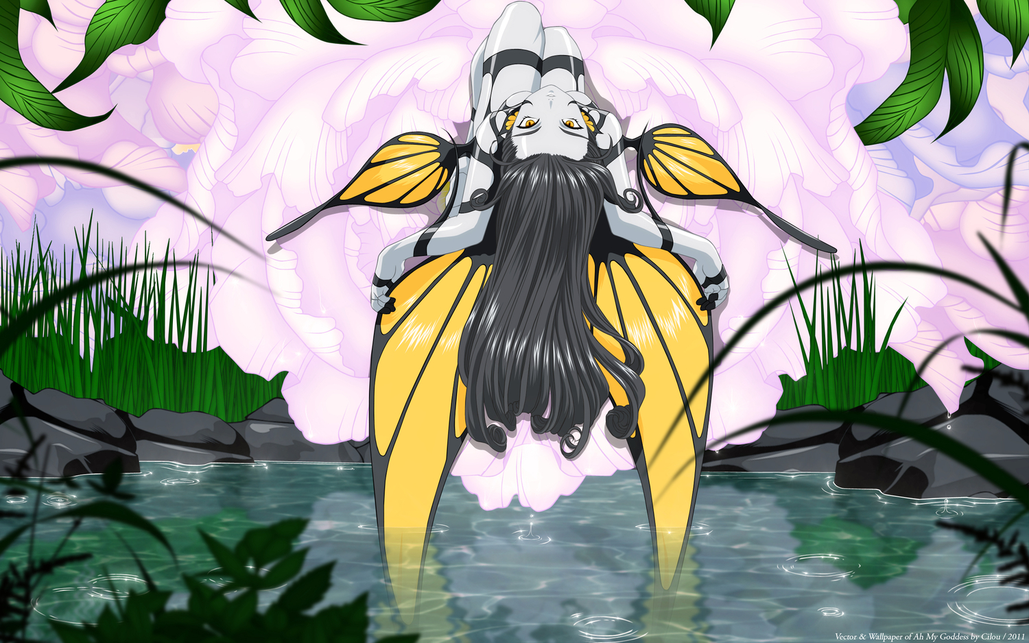 aa_megami-sama, flowers, grass, gray_hair, leaves, morgan_le_fay, vector, water, wings, yellow_eyes