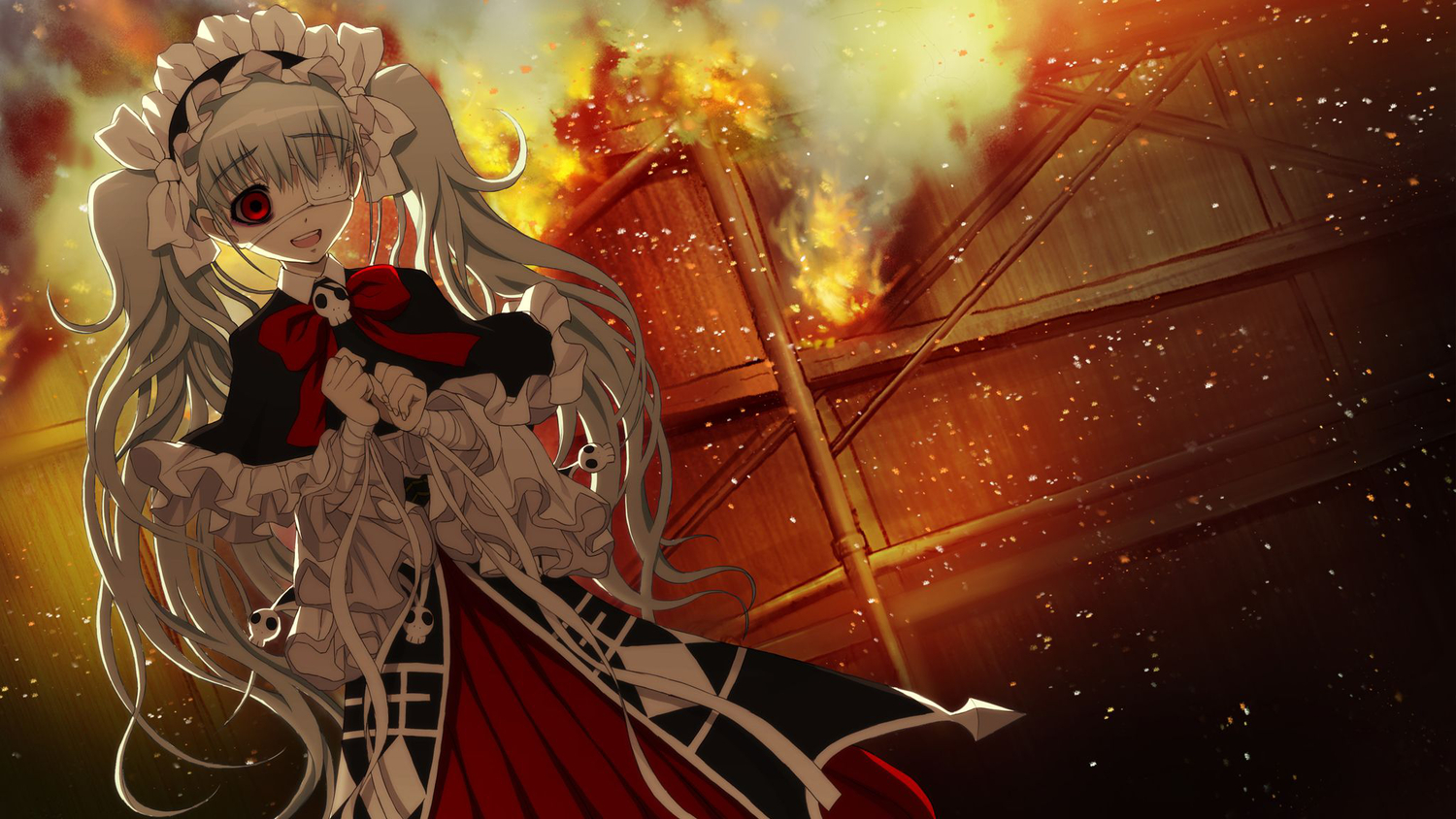 axanael, dress, eyepatch, fire, game_cg, gothic, goth-loli, gray_hair