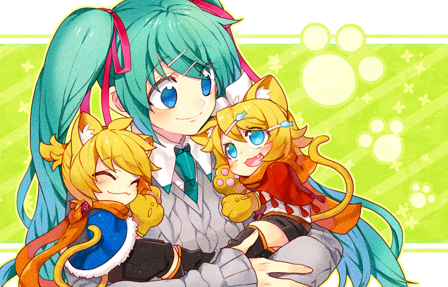 animal_ears, aqua_hair, blonde_hair, blue_eyes, catgirl, fang, gloves, hatsune_miku