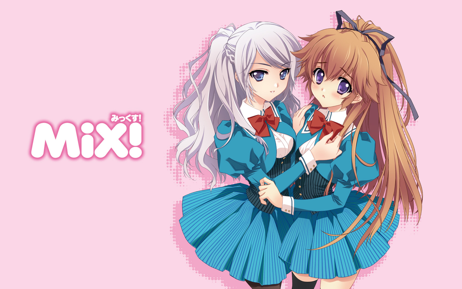 brown_hair, carnelian, gray_hair, long_hair, male, mix!, otoko_no_ko, pink, school_uniform, suwa_ranmaru, thighhighs