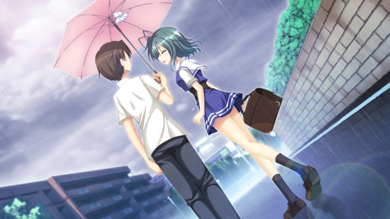 game_cg, ikura_nagisa, mashiro_summer, misaki_mio, rain, school_uniform, short_hair, umbrella