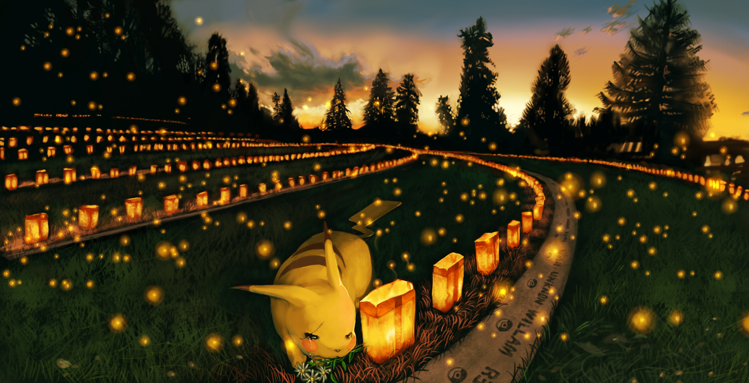 abe_(jump), clouds, crying, flowers, landscape, no_humans, pikachu, pokemon, scenic, sky, sunset, tears, tree