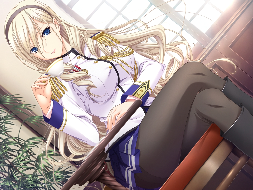 blonde_hair, blue_eyes, celia_cumani_aintree, drink, game_cg, headband, komori_kei, pantyhose, ricotta, school_uniform, walkure_romanze