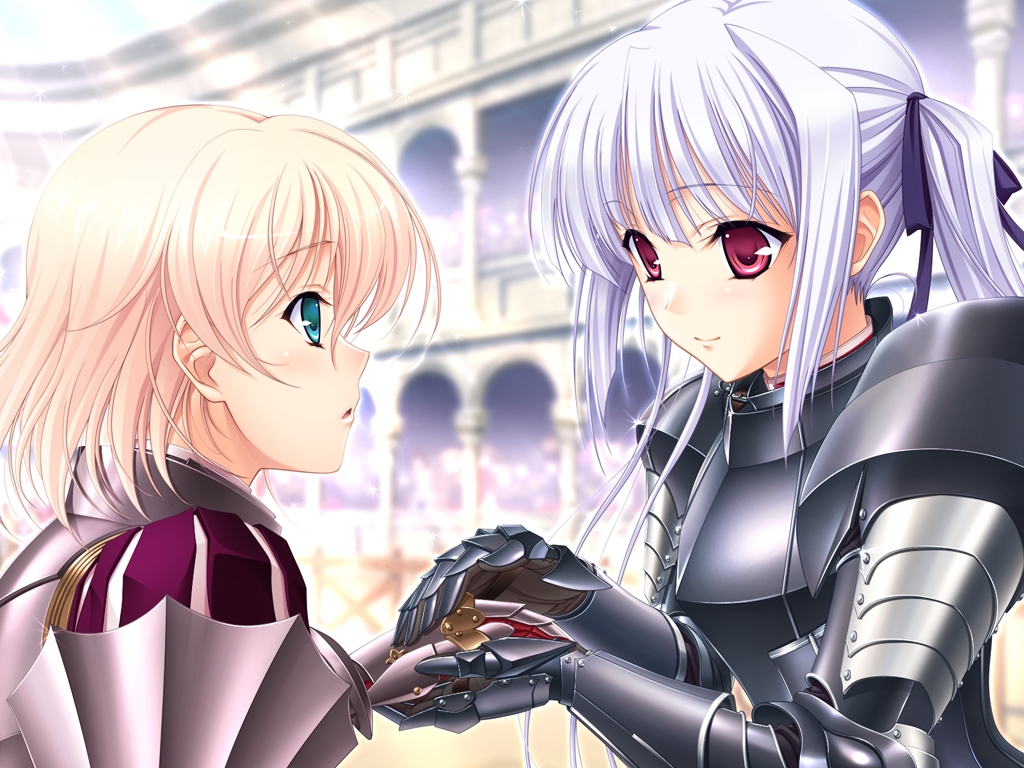 armor, blonde_hair, fiona_beckford, game_cg, green_eyes, komori_kei, lisa_eostre, red_eyes