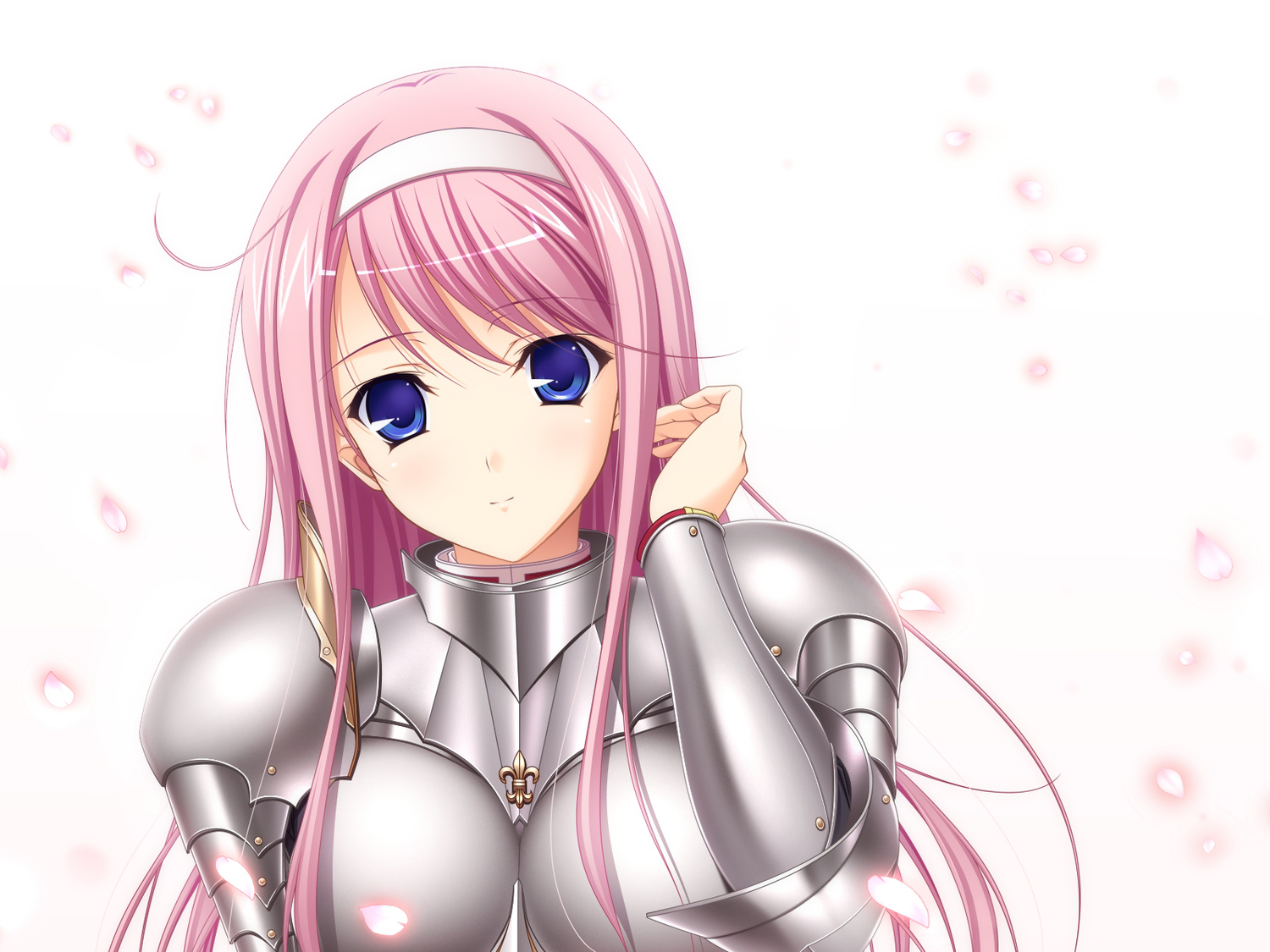 armor, blue_eyes, game_cg, headband, kisaki_mio, komori_kei, long_hair, petals