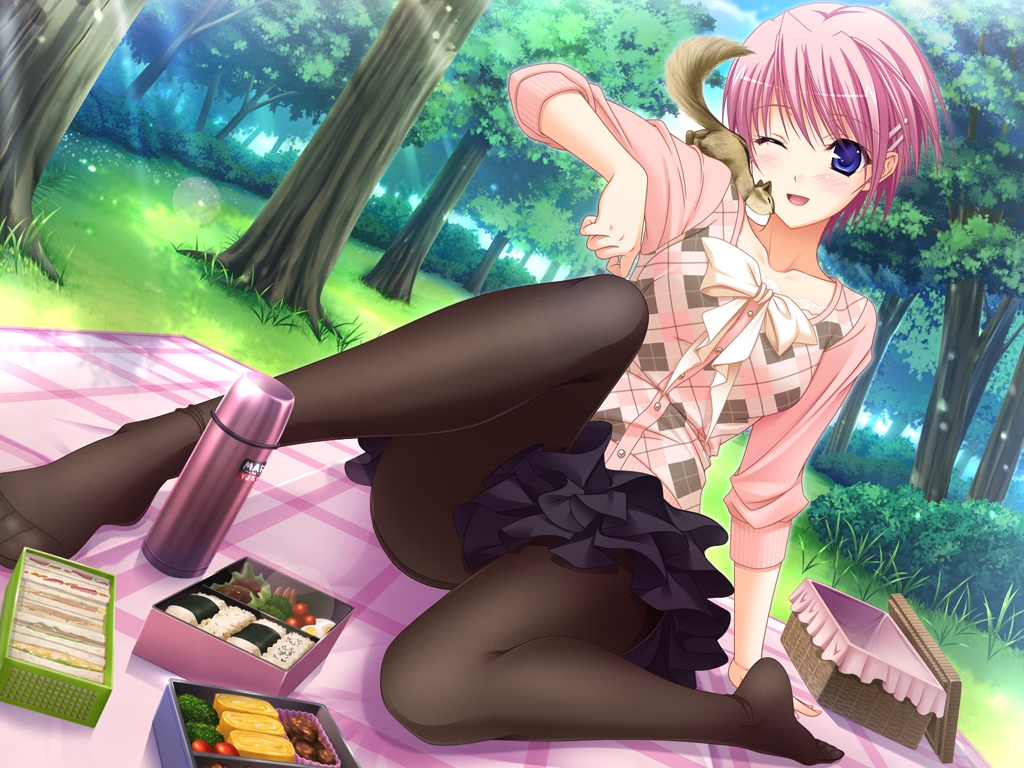animal, blue_eyes, food, game_cg, grass, kisaki_mio, komori_kei, pantyhose