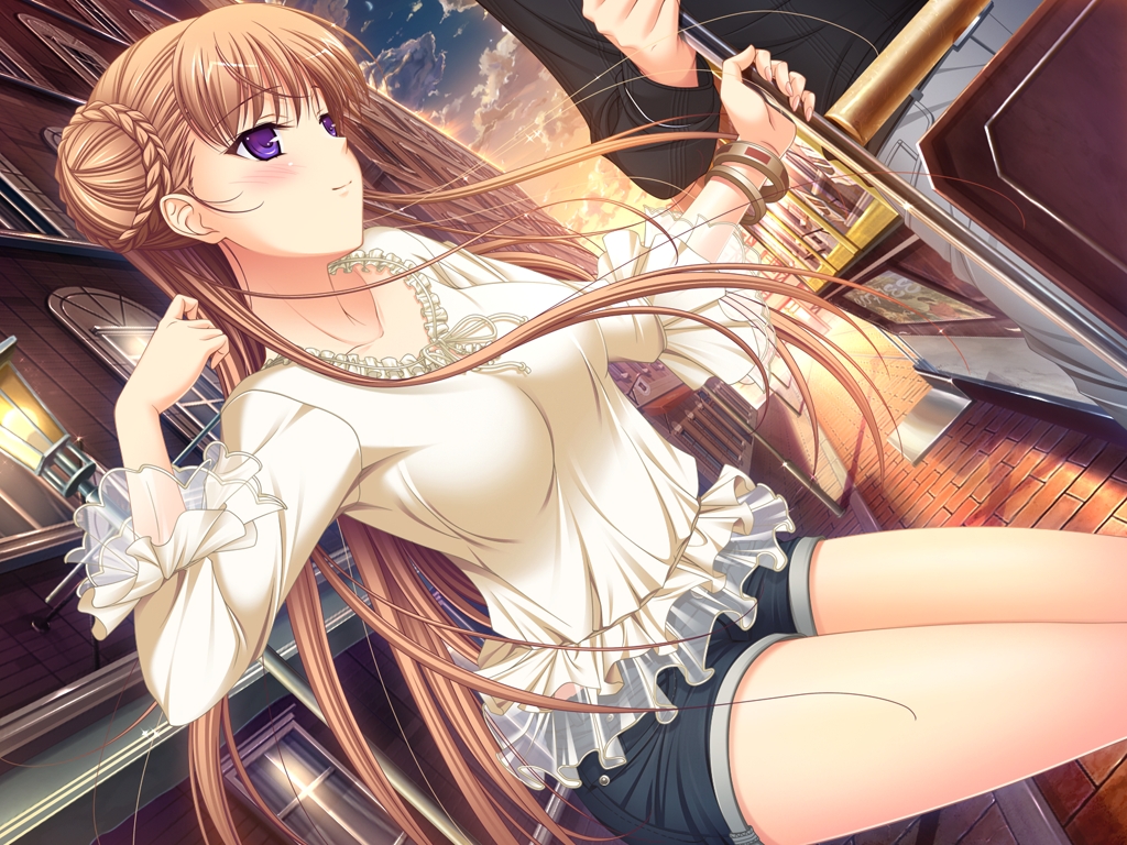brown_hair, game_cg, komori_kei, long_hair, noel_marres_ascot, purple_eyes, ricotta, shorts