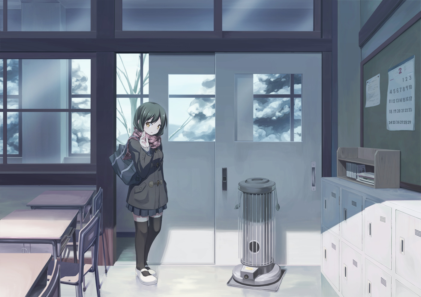black_hair, brown_eyes, original, scarf, school_uniform, shinonome_haru, snow, thighhighs