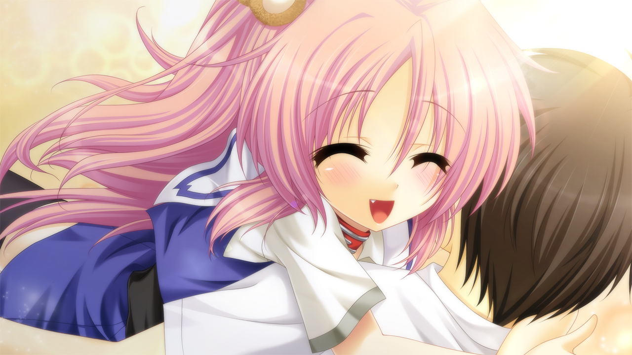 fang, game_cg, hug, ikura_nagisa, loli, long_hair, mashiro_summer, pink_hair