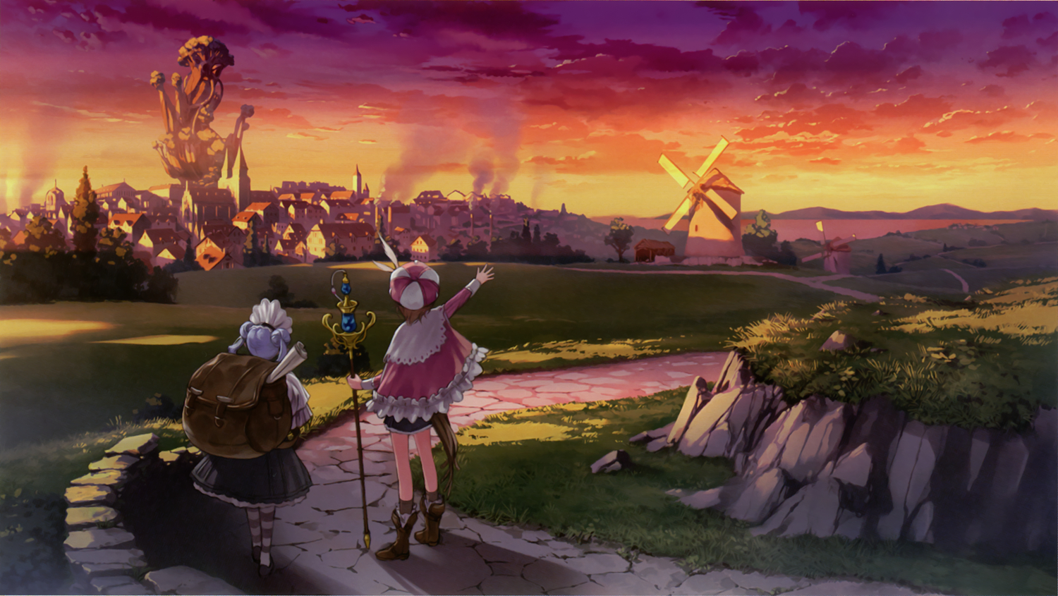2girls, atelier_rorona, boots, hom, kishida_mel, long_hair, pink_hair, rororina_fryxell