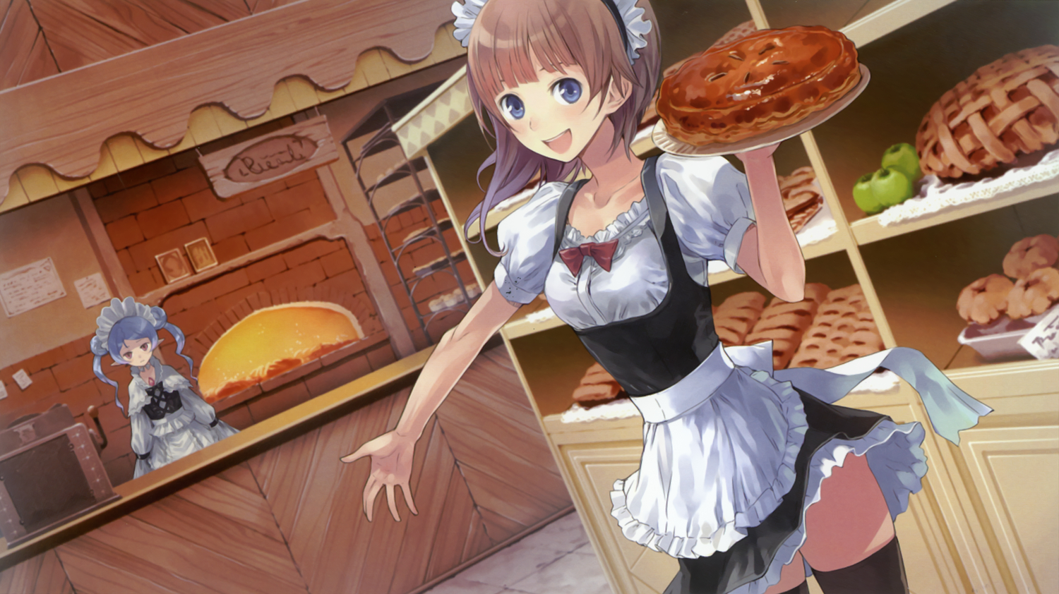 2girls, atelier_rorona, blue_eyes, brown_hair, dress, food, hom, kishida_mel, long_hair, pointed_ears, rororina_fryxell, tagme, thighhighs, twintails, waitress
