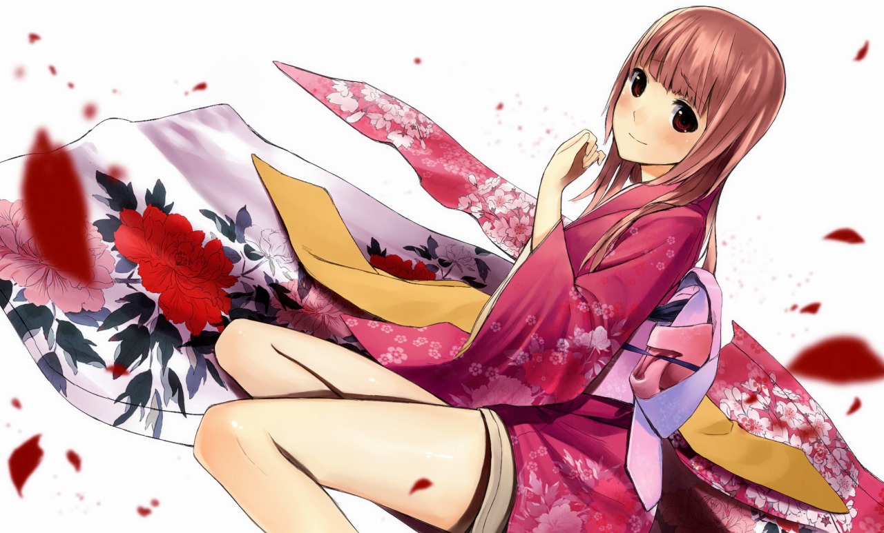 brown_hair, ichiko_oharu, japanese_clothes, original, petals, white