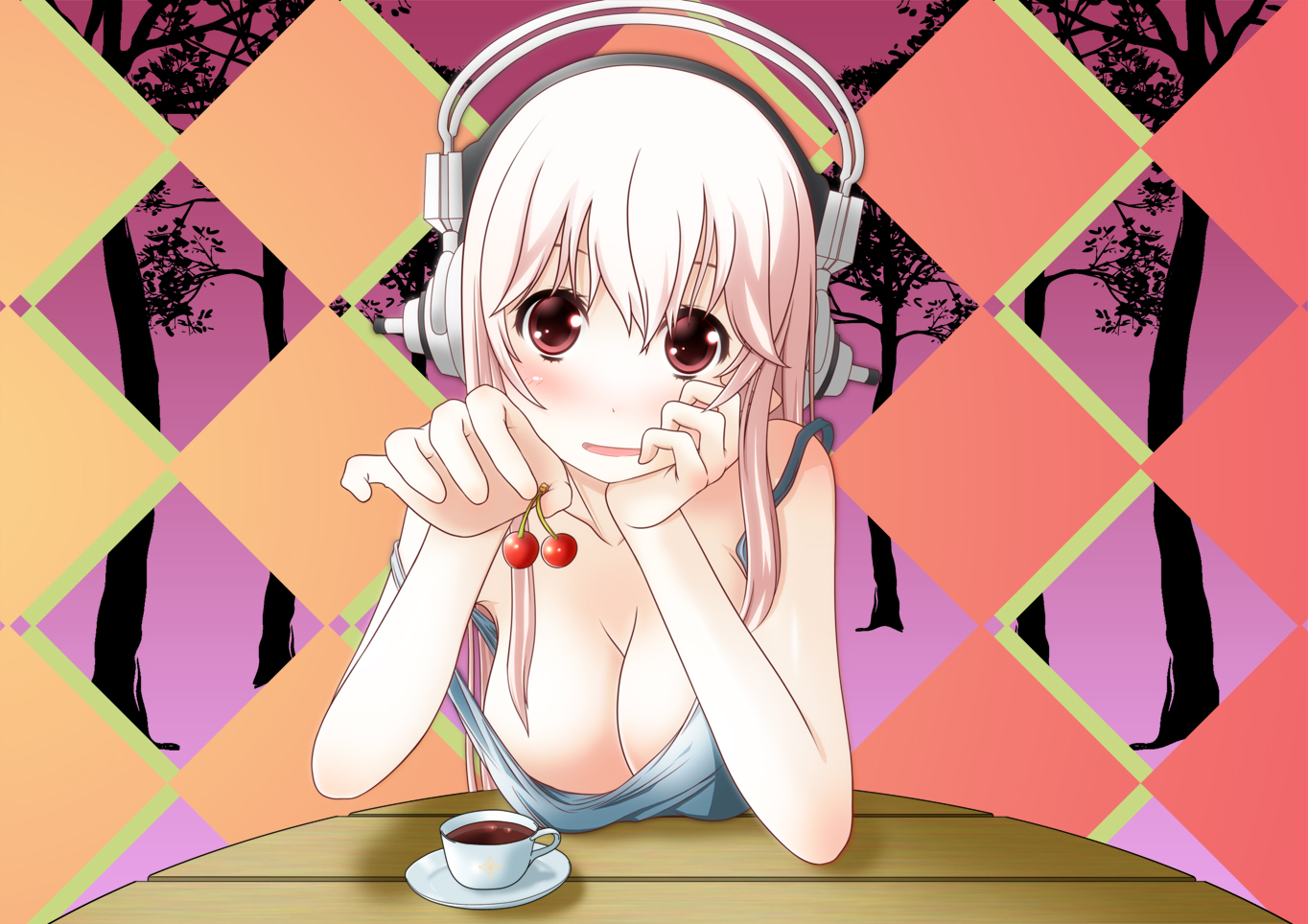 blush, breasts, brown_eyes, cleavage, headphones, ineji_keiichirou, long_hair, nitroplus, sonico, super_sonico, tree, white_hair