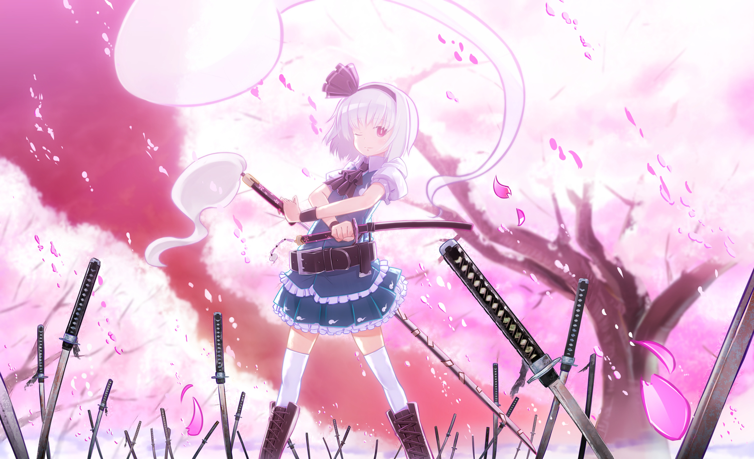 boots, cherry_blossoms, flowers, headband, katana, konpaku_youmu, liking, myon, petals, short_hair, skirt, sword, thighhighs, touhou, tree, weapon, white_hair, wink