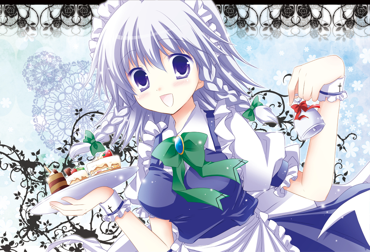 bow, food, gray_hair, izayoi_sakuya, maid, purple_eyes, touhou, white-brown