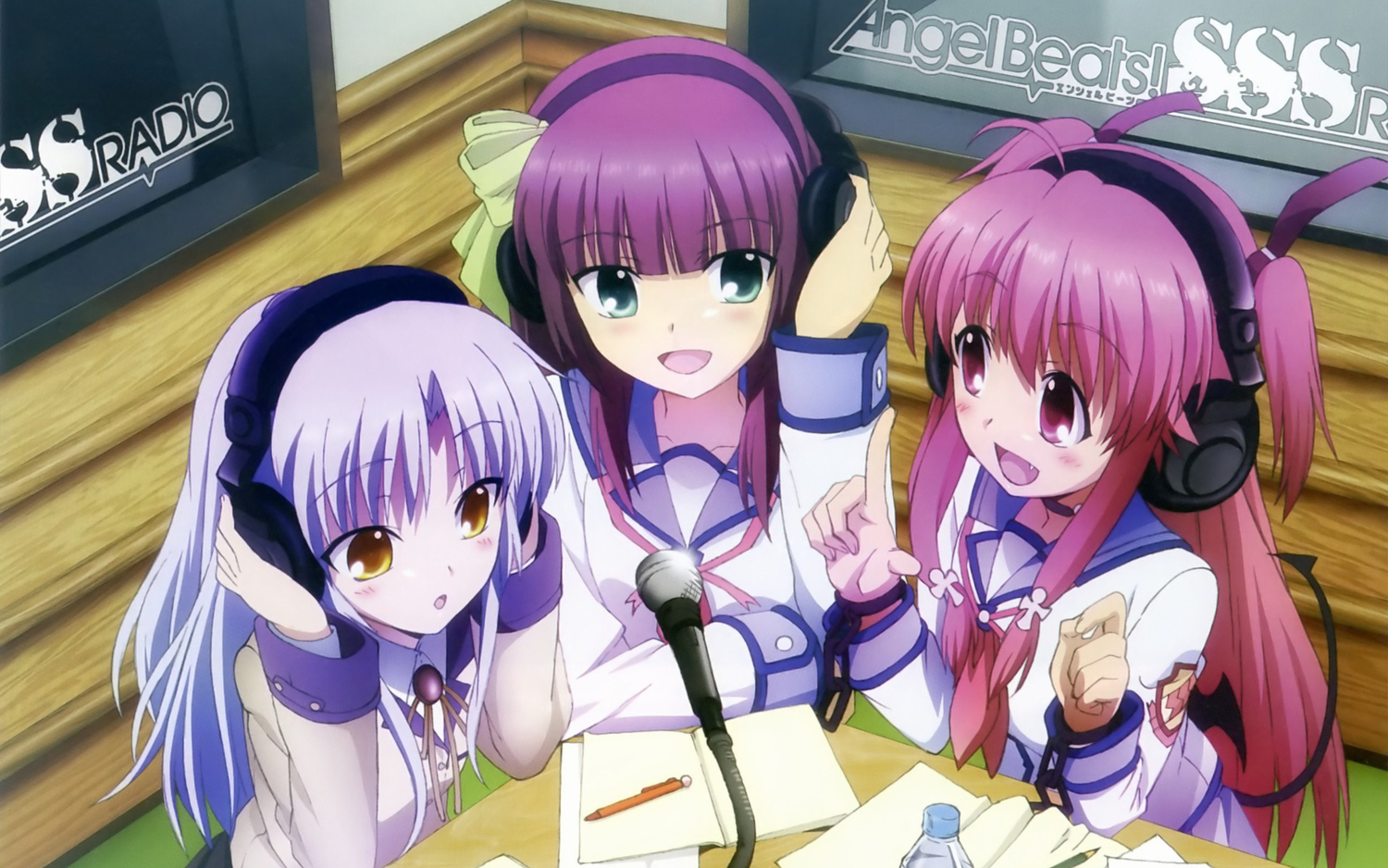 angel_beats!, headphones, microphone, nakamura_yuri, school_uniform, tachibana_kanade, yui_(angel_beats!)