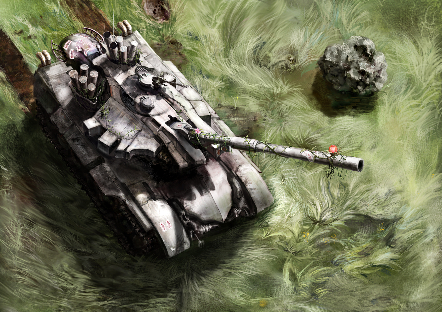 combat_vehicle, flowers, grass, gun, kabihuton, ofuda, touhou, weapon