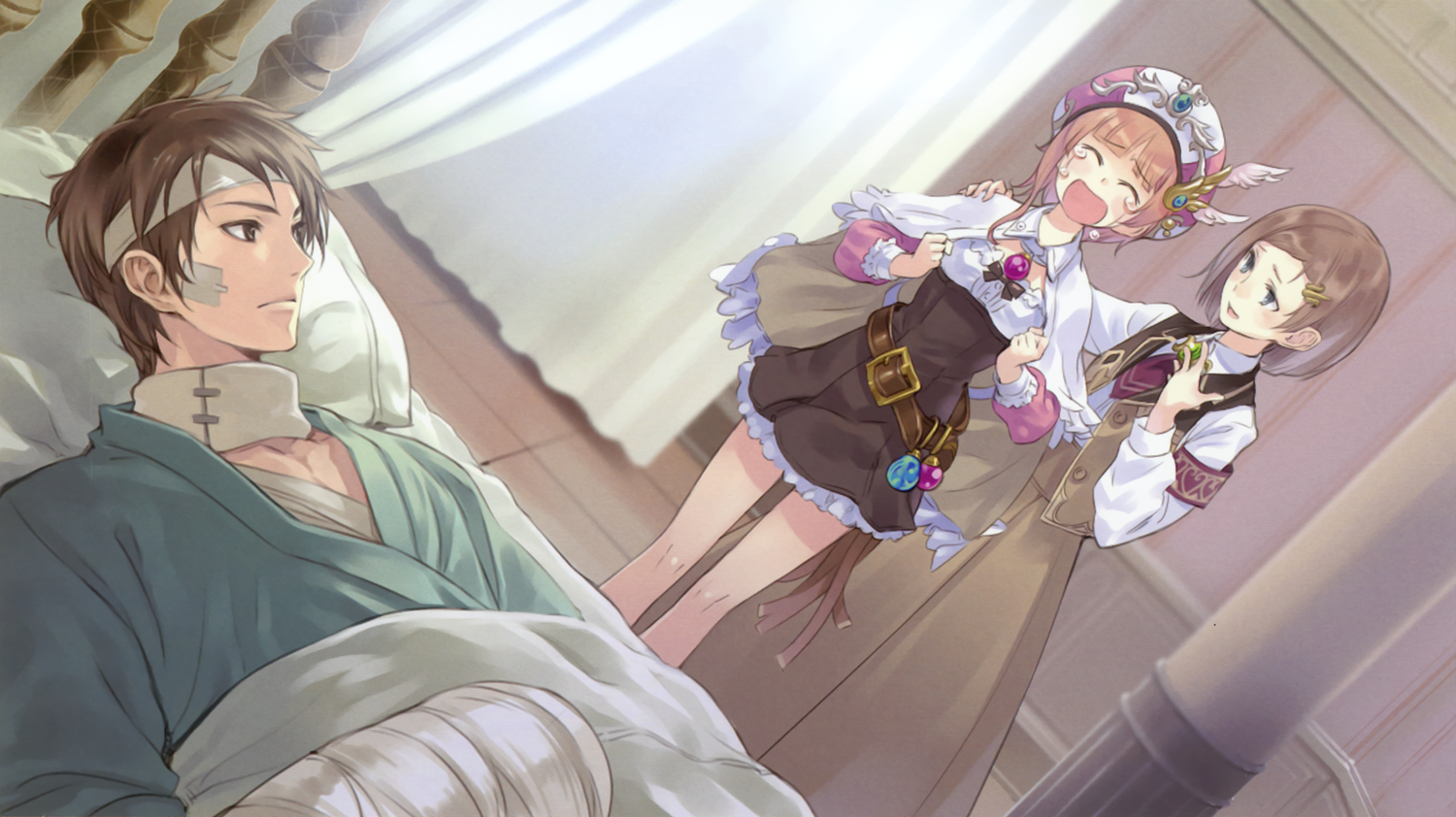 atelier_rorona, bandage, bed, blue_eyes, brown_eyes, brown_hair, crying, dress, esty_erhard, hat, kishida_mel, pink_hair, rororina_fryxell, short_hair, sterkenburg_cranach, tears