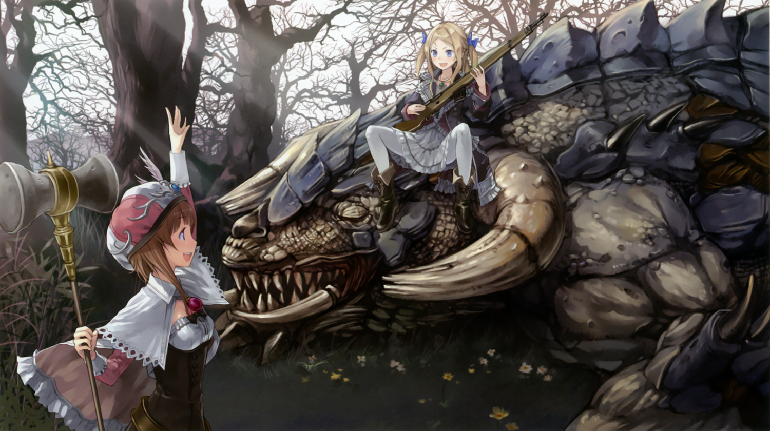 2girls, atelier_rorona, blonde_hair, brown_hair, cuderia_von_feuerbach, dress, gun, hat