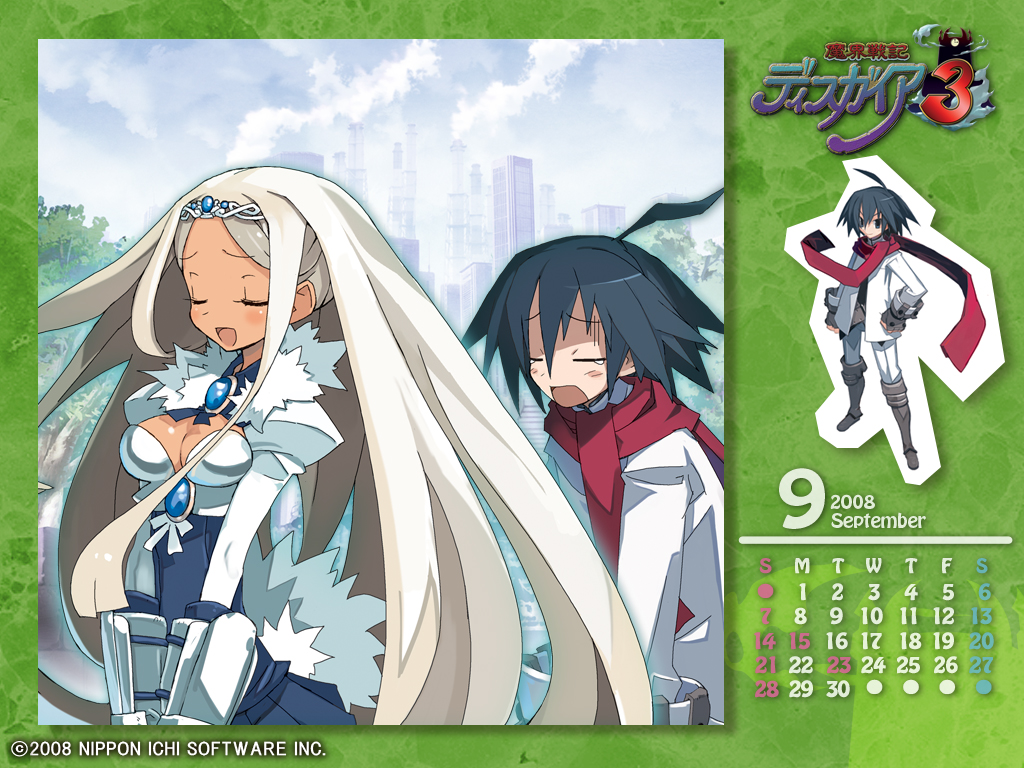 almaz_von_almandine_adamant, armor, blue_hair, breasts, calendar, cleavage, dark_skin, disgaea, long_hair, male, rhodonite_sapphire, scarf, short_hair, white_hair