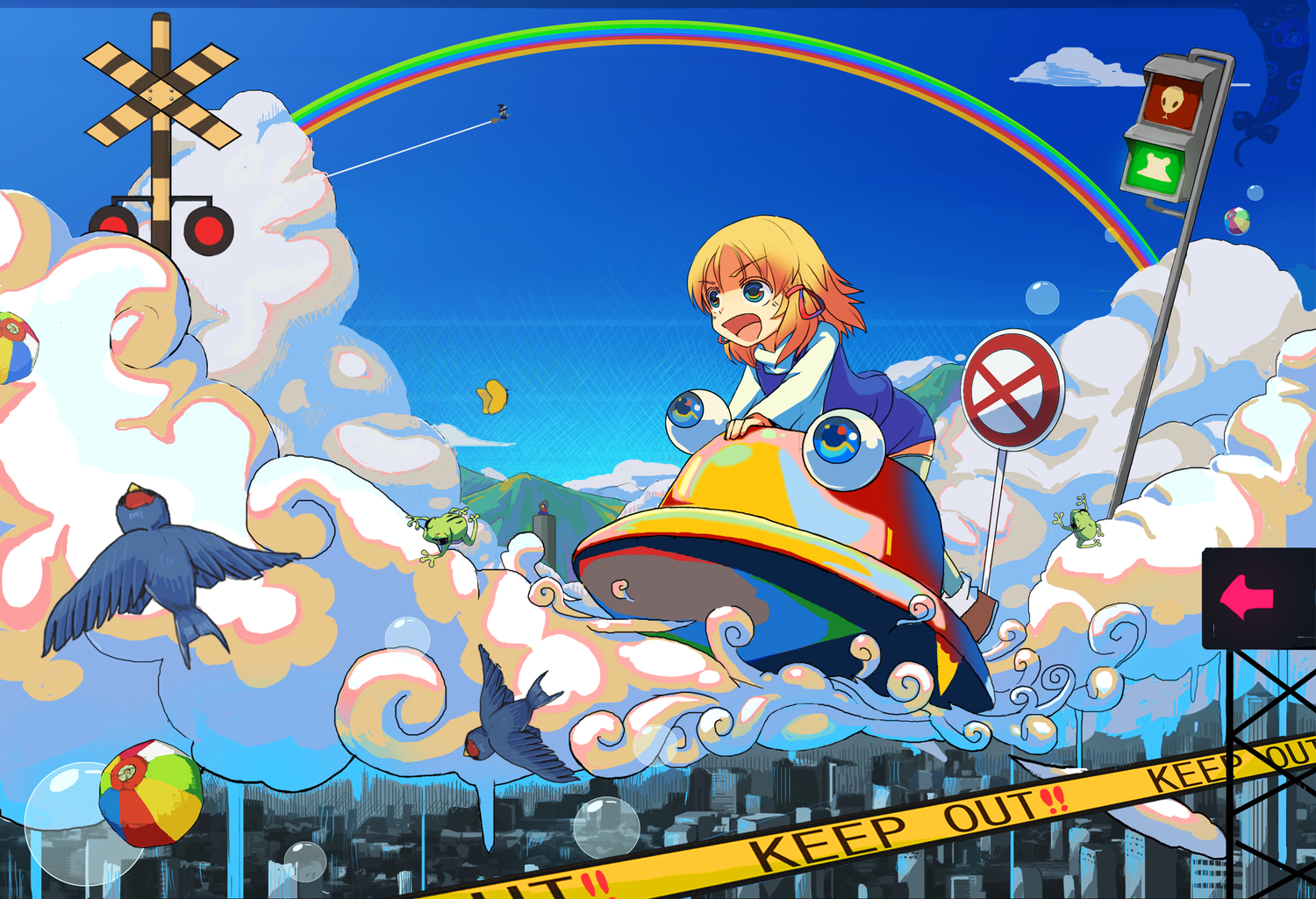 animal, ball, bird, blonde_hair, bubbles, clouds, frog, kirisame_marisa, moriya_suwako, rainbow, ranka_(tonbo), short_hair, thighhighs, touhou, witch, yakumo_yukari, yasaka_kanako
