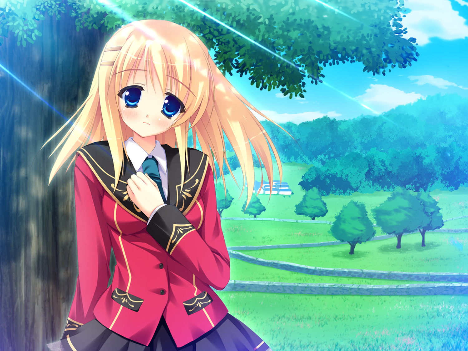 blonde_hair, blue_eyes, enora_tetorapia, game_cg, hinamatsuri_touko, school_uniform, tree, yume_miru_tsuki_no_lunalutia