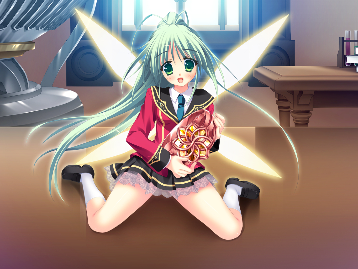 fairy, fairy_(yume_miru), game_cg, green_eyes, hinamatsuri_touko, school_uniform, wings, yume_miru_tsuki_no_lunalutia