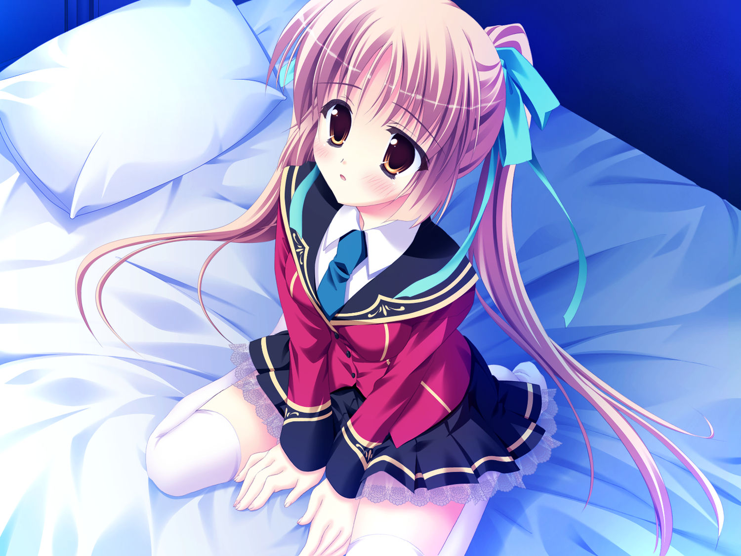 amano_satsuki, bed, blush, brown_hair, game_cg, hinamatsuri_touko, school_uniform, thighhighs, twintails, yume_miru_tsuki_no_lunalutia