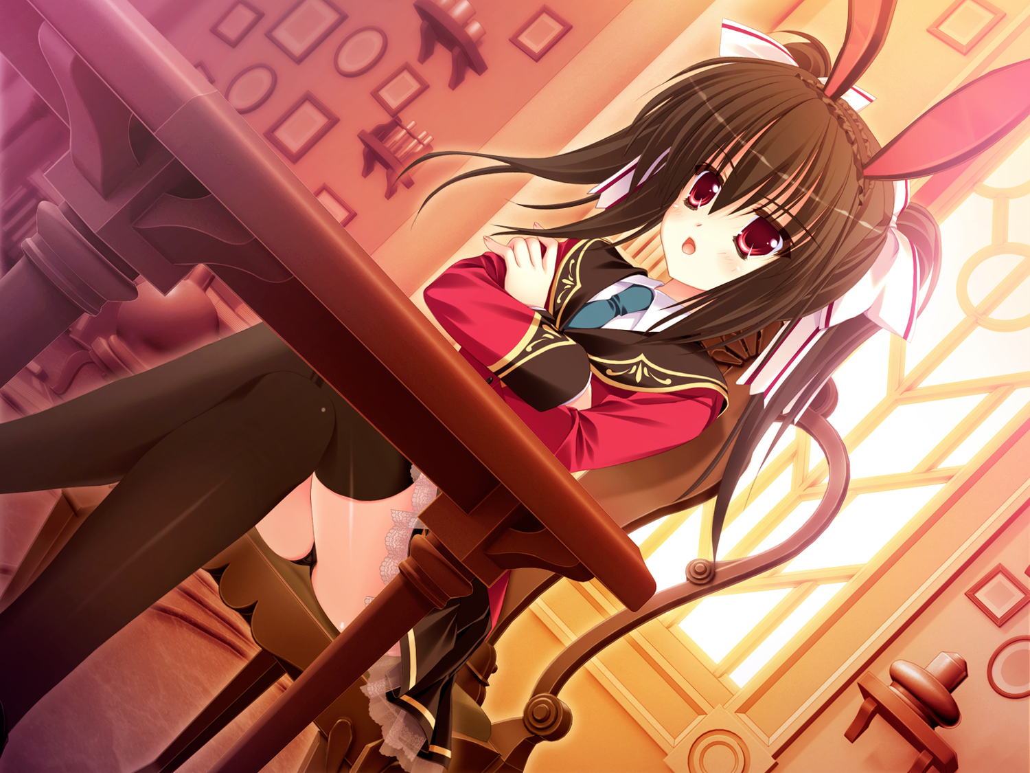 animal_ears, black_hair, game_cg, hinamatsuri_touko, luna_lavi, panties, school_uniform, thighhighs, underwear, yume_miru_tsuki_no_lunalutia