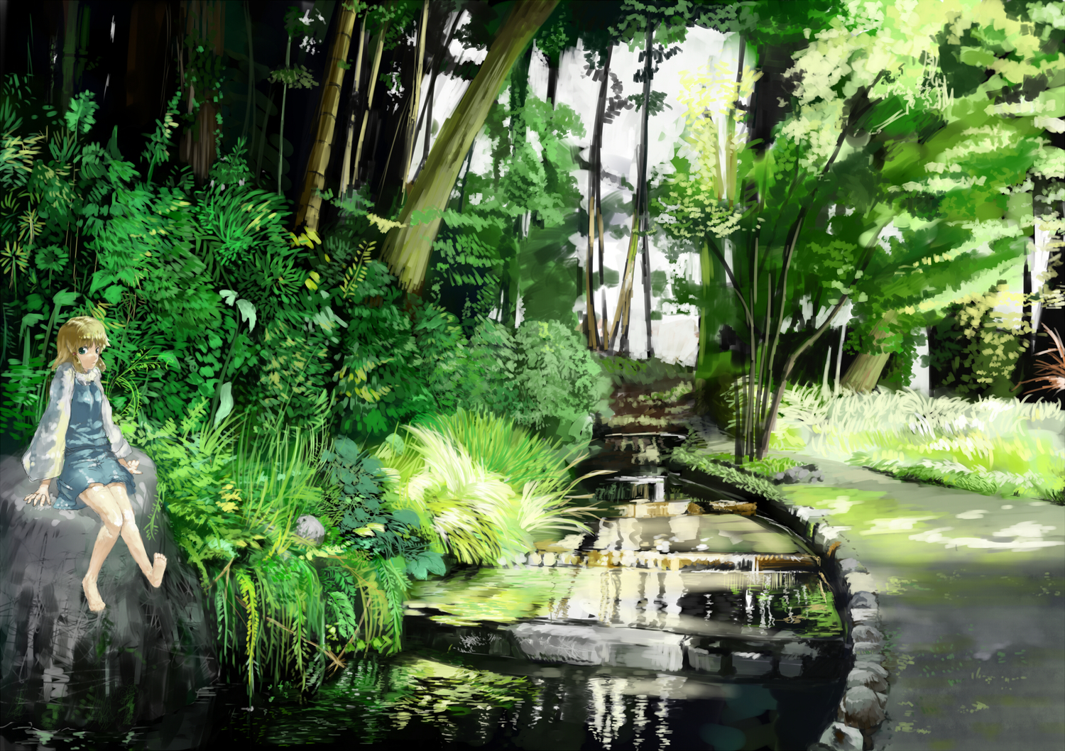 benitama, blonde_hair, blue_eyes, moriya_suwako, scenic, short_hair, touhou, tree