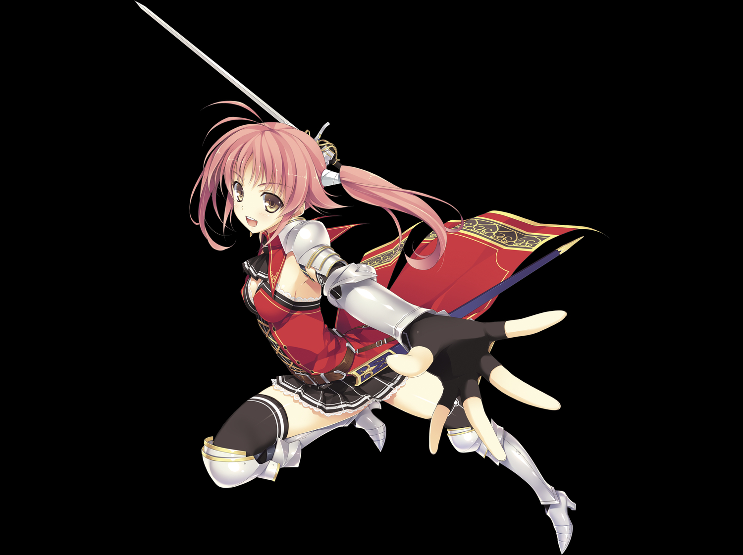 black, gloves, kazama_akari, koikishi_purely_kiss, long_hair, pink_hair, sword, thighhighs, transparent, weapon, yellow_eyes, yuuki_hagure
