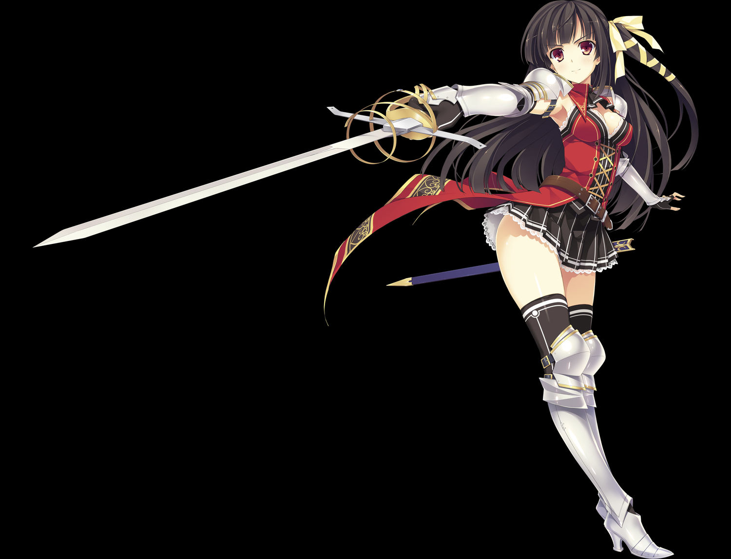 black, black_hair, gloves, koikishi_purely_kiss, long_hair, red_eyes, ribbons, shidou_mana, skirt, sword, thighhighs, transparent, weapon, yuuki_hagure