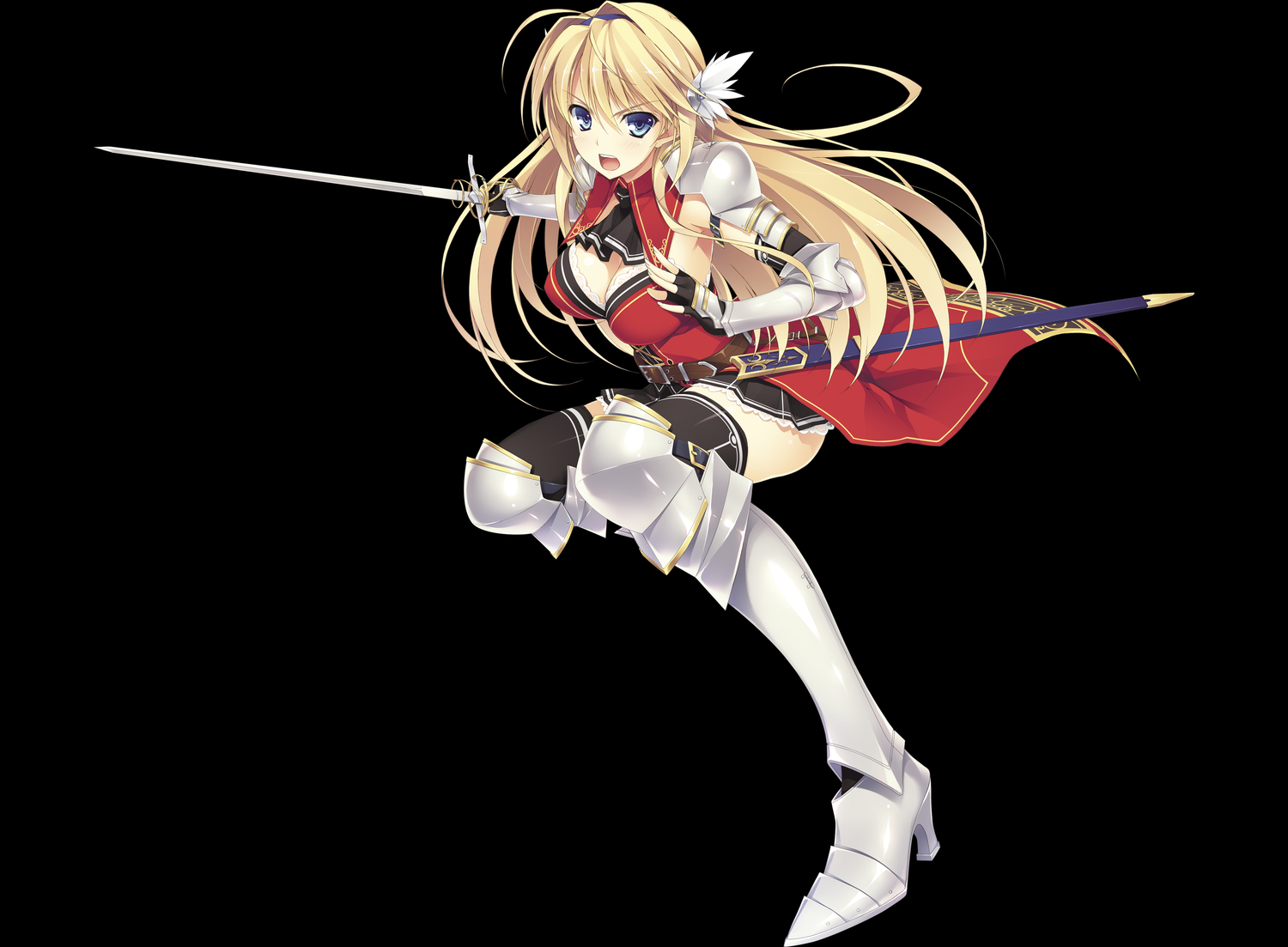 black, blonde_hair, blue_eyes, elcia_harvence, gloves, koikishi_purely_kiss, skirt, sword, thighhighs, transparent, weapon, yuuki_hagure