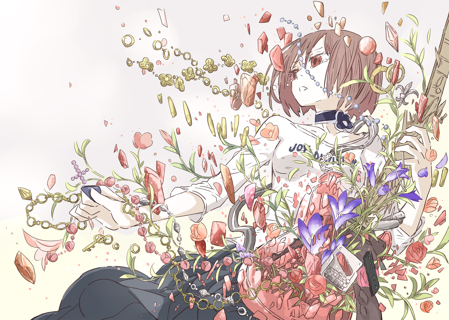 arakawa_(aintnoroom), brown_hair, flowers, guitar, instrument, original, red_eyes, short_hair