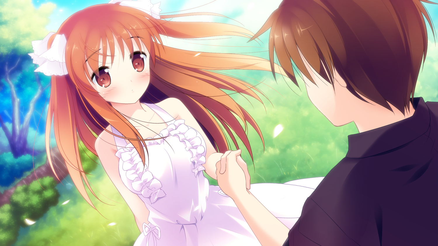 blush, brown_eyes, brown_hair, game_cg, grass, isami_hayato, long_hair, male
