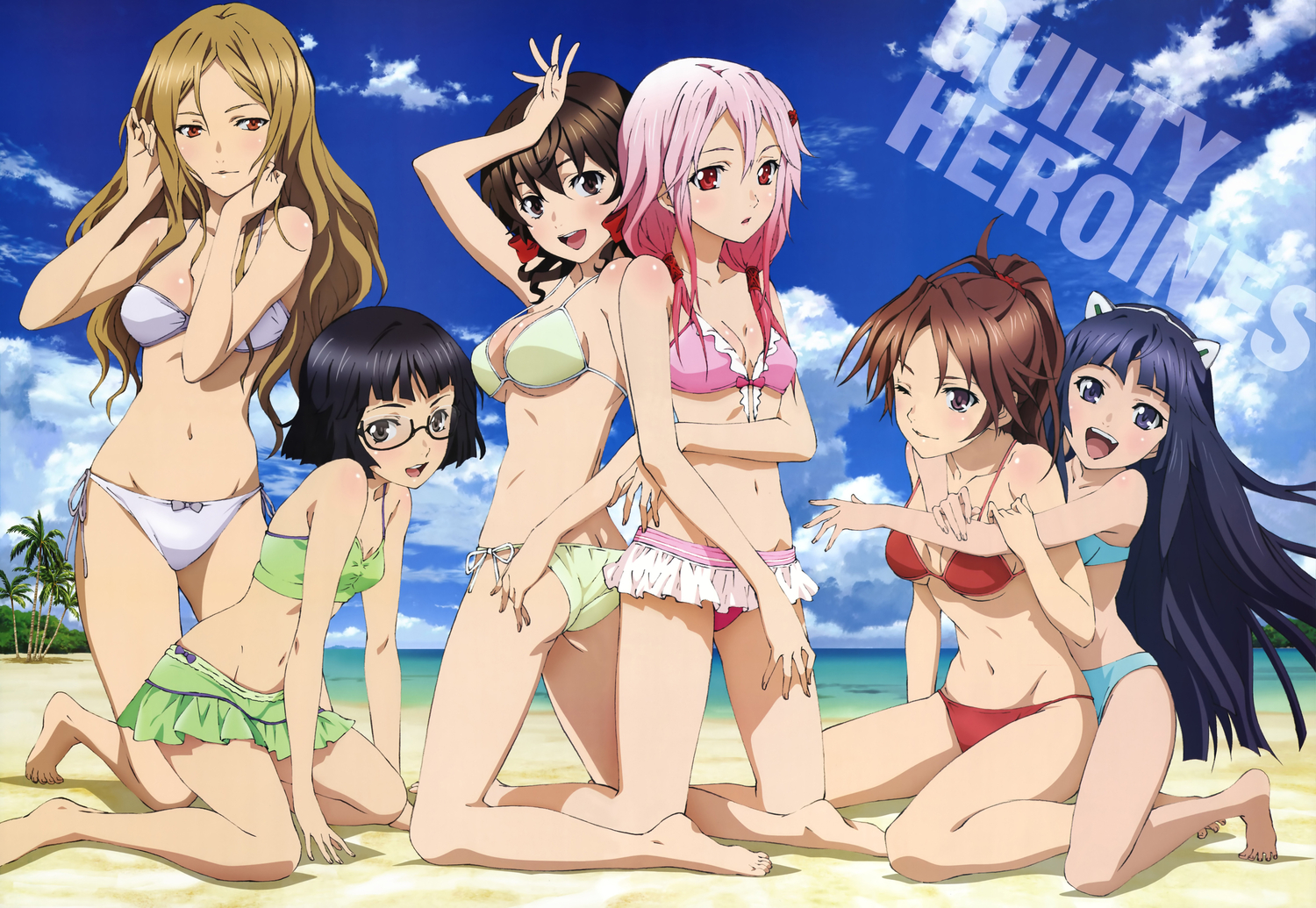 animal_ears, beach, bikini, black_eyes, black_hair, blue_eyes, blue_hair, bow, breasts, brown_eyes, brown_hair, cleavage, clouds, glasses, guilty_crown, hizuka_masashi, kuhouin_arisa, kusama_kanon, long_hair, megami, menjou_hare, pink_hair, red_eyes, scan, shinomiya_ayase, short_hair, sky, swimsuit, tsugumi, yuzuriha_inori