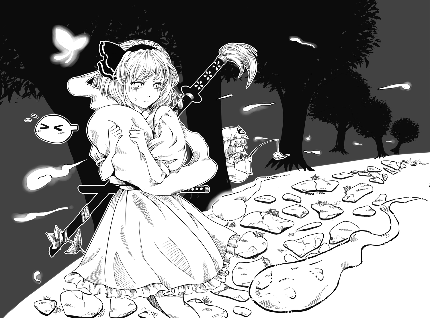 2girls, fan, flowers, hat, jinni, katana, konpaku_youmu, monochrome, myon, saigyouji_yuyuko, short_hair, sword, tears, touhou, tree, weapon