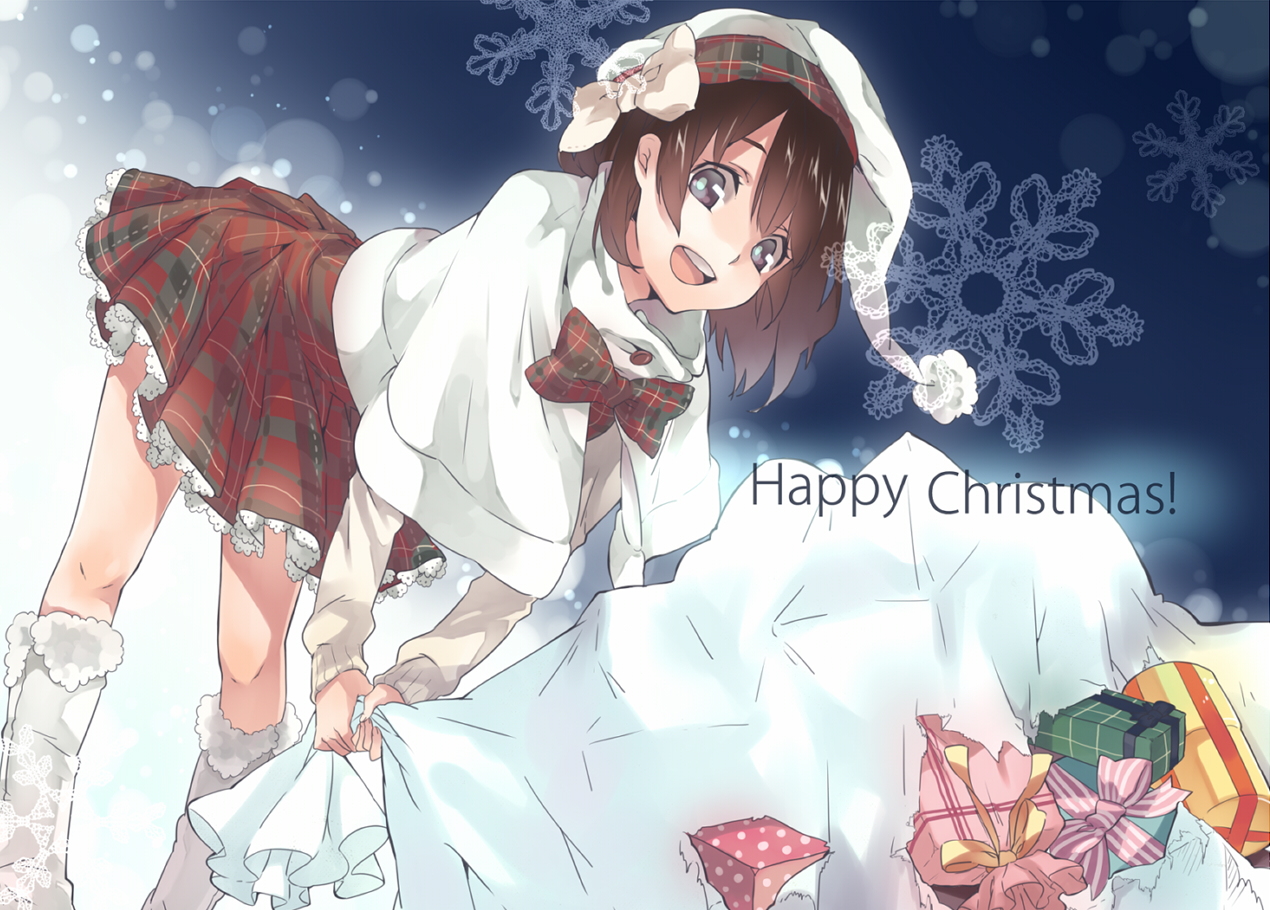 boots, bow, brown_eyes, brown_hair, buuta, christmas, hat, santa_hat