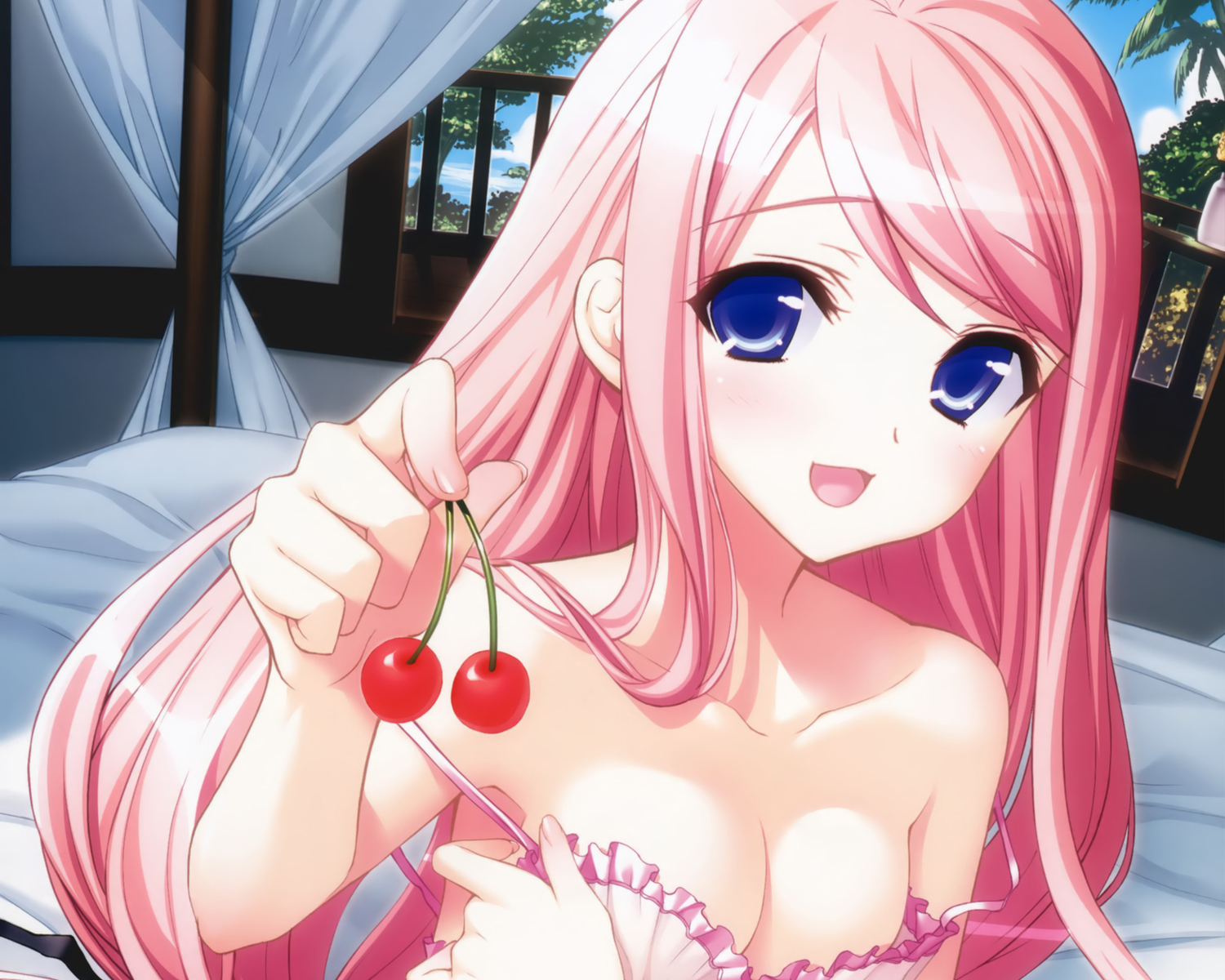 blue_eyes, breast_hold, breasts, cherry, cleavage, close, cropped, food, fruit, kasukabe_akira, long_hair, pink_hair, sakura_nanako, sakura_sakura, scan