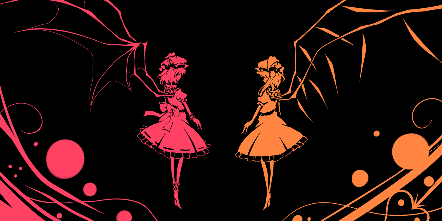2girls, bow, flandre_scarlet, hat, minust, polychromatic, remilia_scarlet, touhou