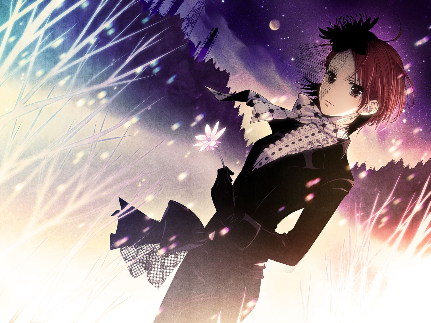 brown_eyes, brown_hair, flowers, gloves, hat, hima_(ab_gata), meiko, moon