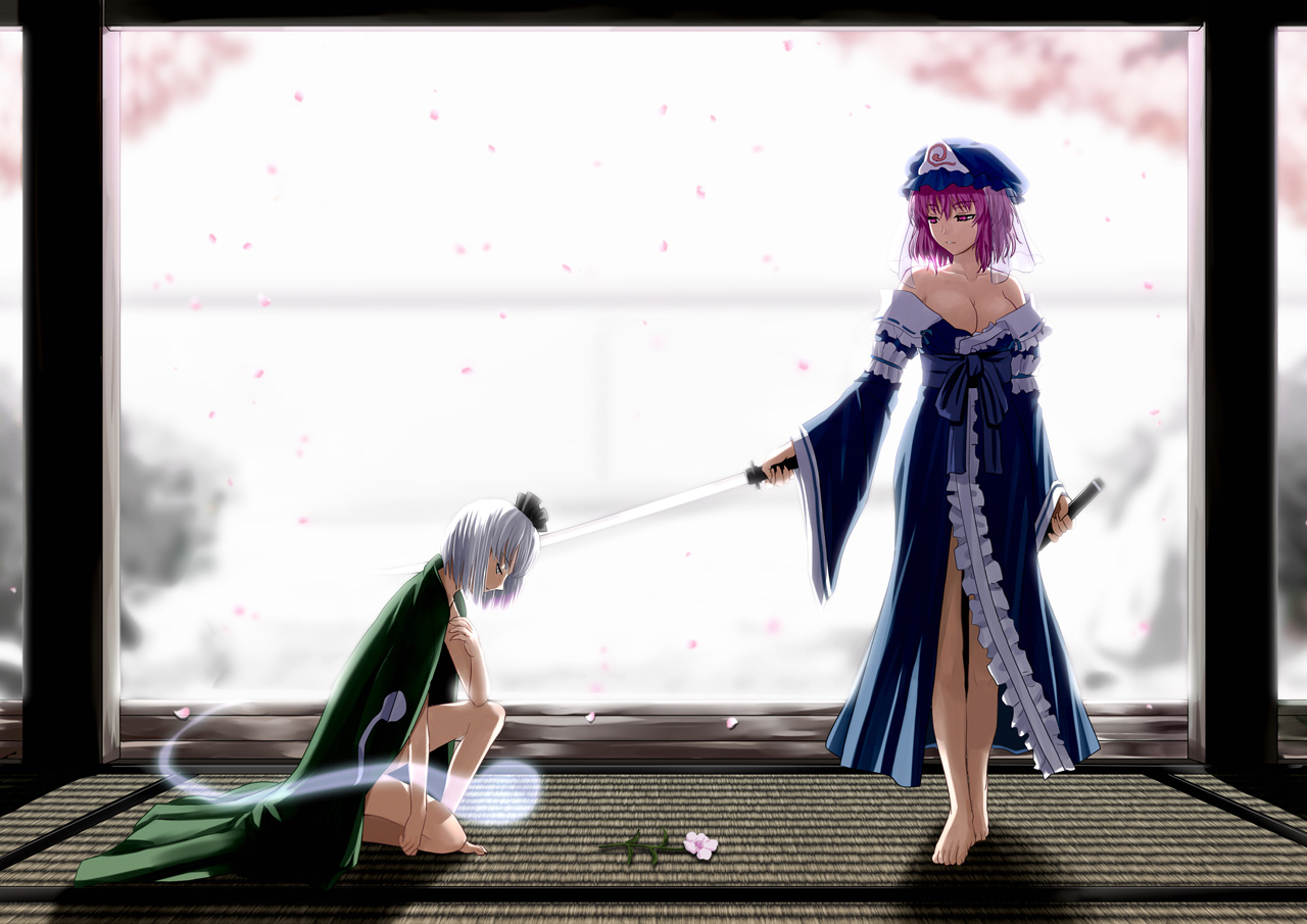 breasts, cleavage, flowers, hat, katana, konpaku_youmu, myon, petals, saigyouji_yuyuko, sumeragi_seisuke, sword, touhou, weapon