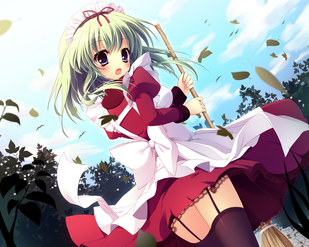 angelina_nanatsu_sewell, dress, green_hair, mashiroiro_symphony, shiramori_yuse, thighhighs