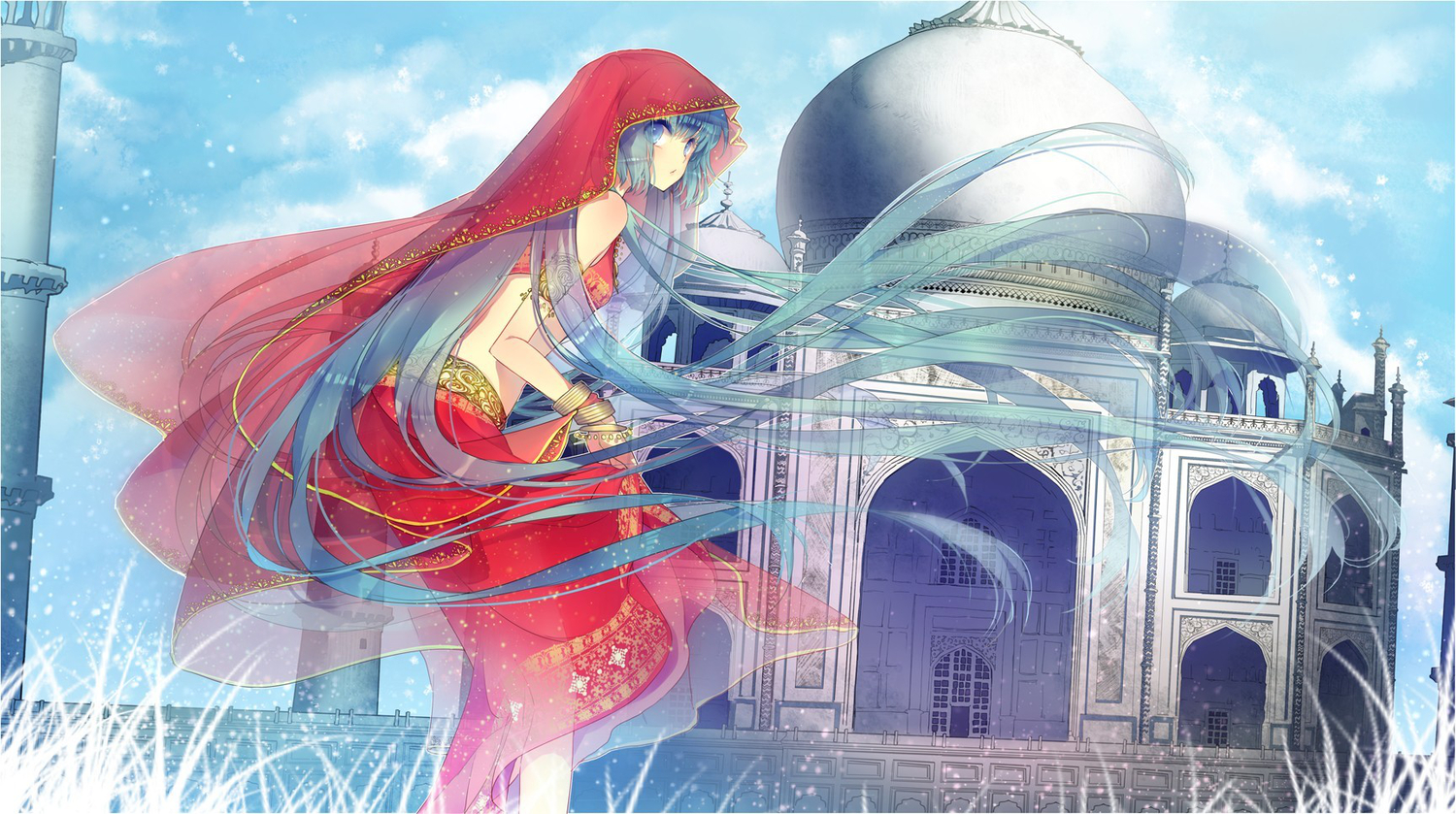 aqua_eyes, aqua_hair, building, hatsune_miku, long_hair, nicohi, vocaloid, wristwear