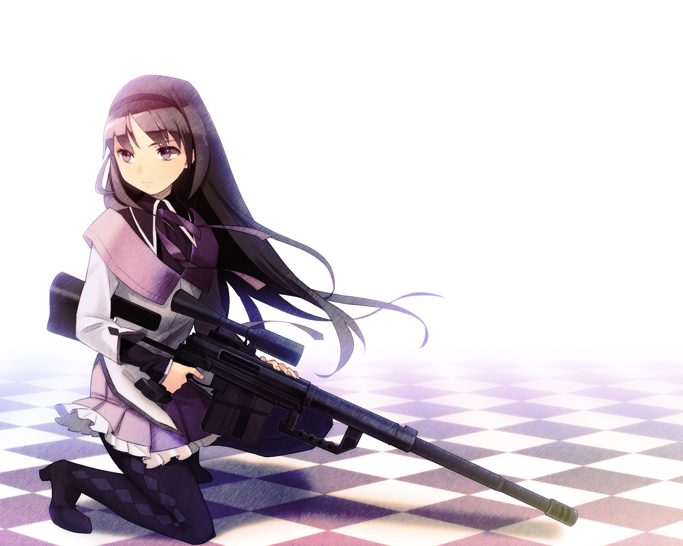 akemi_homura, black_hair, gun, kotetu, mahou_shoujo_madoka_magica, pantyhose, weapon