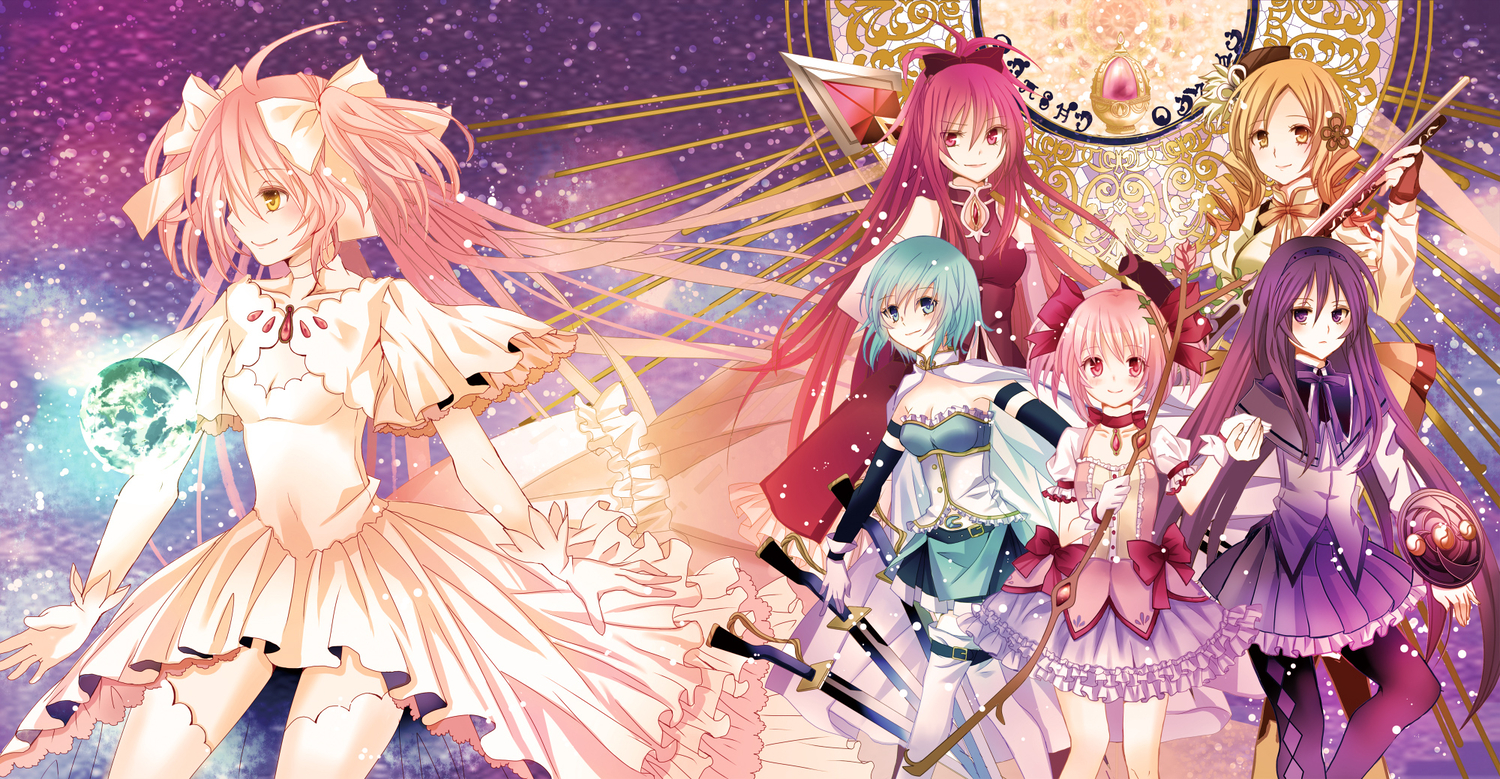akemi_homura, blue_hair, bow_(weapon), dress, gun, kaname_madoka, mahou_shoujo_madoka_magica, miki_sayaka