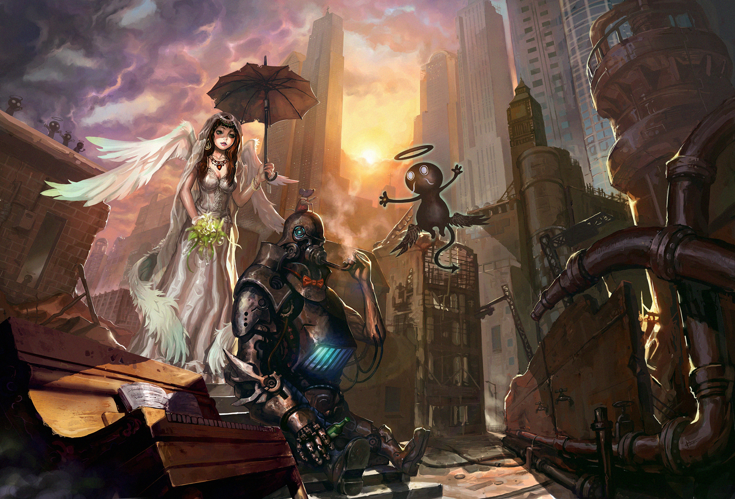 dress, robot, shaonav, tagme, tail, umbrella, wings