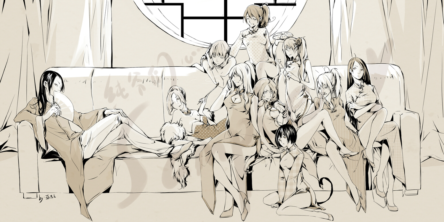 america_(hetalia), animal_ears, anthropomorphism, austria_(hetalia), axis_powers_hetalia, black_hair, catgirl, china_(hetalia)