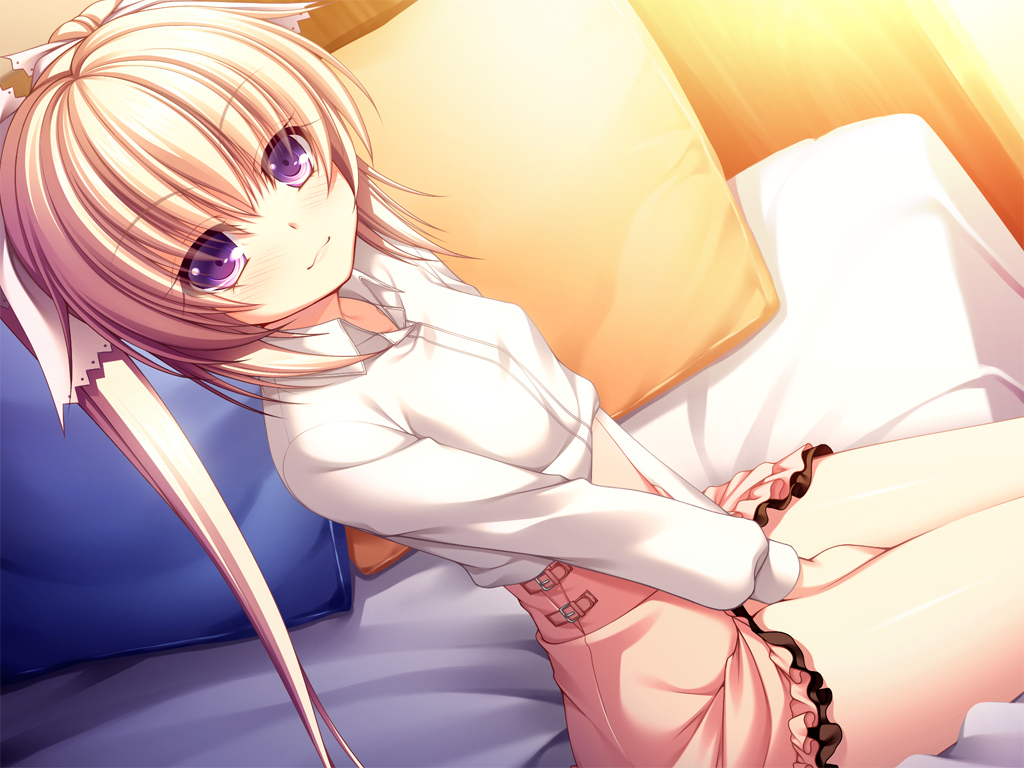 asami_asami, bed, blonde_hair, blush, game_cg, lidia_(yurikago_kara_tenshi_made), purple_eyes, yurikago_kara_tenshi_made